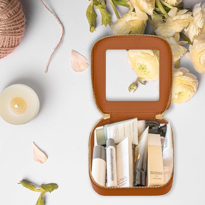 Prite Small Makeup Bag for Women Portable Clear Makeup Bag Cute Mini Waterproof Travel Cosmetic Bag with Gold Zipper for Car Essentials(Brown)