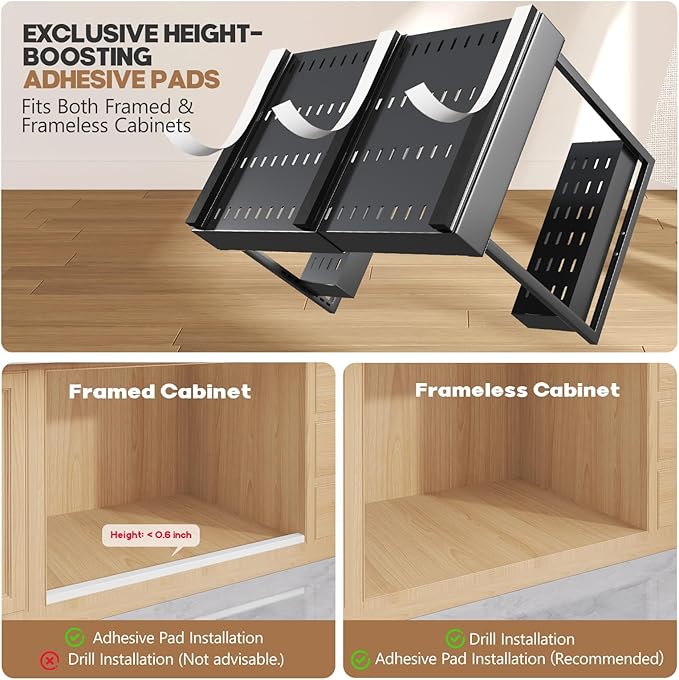 Expandable Under Sink Organizer with 3 Ball-Bearing Slide Rails , 2-Tier Pull-Out Under Cabinet Storage Shelf for Kitchen & Bathroom , Height-Adjustable Slide-Out Cabinet Drawer (Black, 1-Pack)