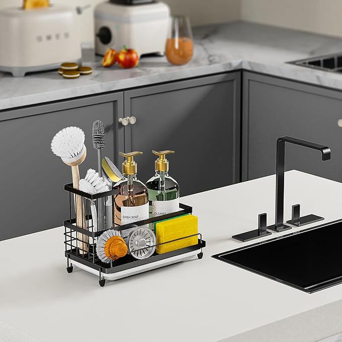 Cisily Large Capacity Kitchen Sink Caddy Organizer, Rustproof Non-Slip Sponge Holder with Dish Brush Holder Organizer, Kitchen Organization and Storage, Essentials Accessories for Countertop