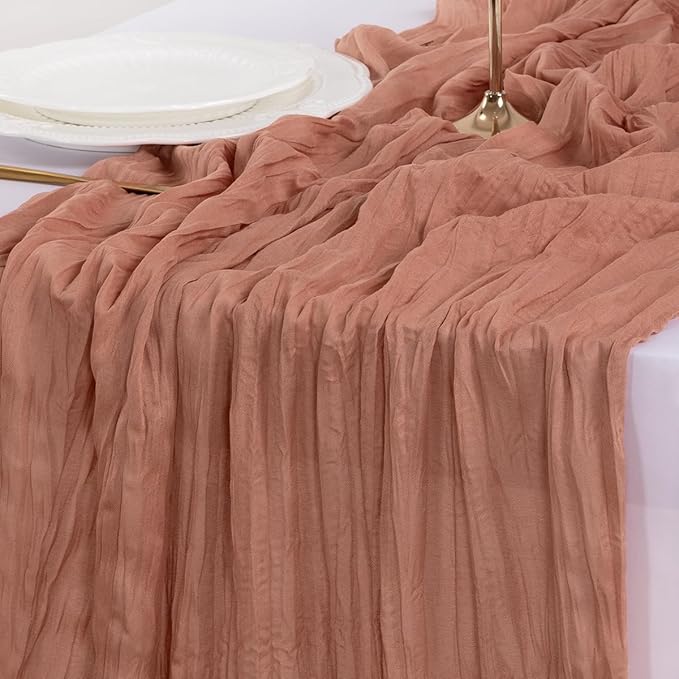 Socomi 10pcs Dusty Rose Summer Cheesecloth Table Runner Boho Rustic Gauze 120 inch 10FT Cheese Cloth Sheer Runner for Wedding Party Baby Shower Birthday Home Decor Holiday Decorations