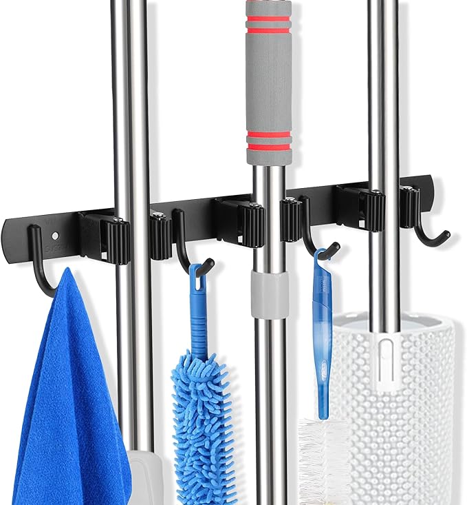 voze 3 Racks and 4 Hooks Mop and Broom Holder Wall Mount, Self-Adhesive Heavy Duty Broom Organizer Storage Tool Racks for Kitchen Garden Laundry Garage