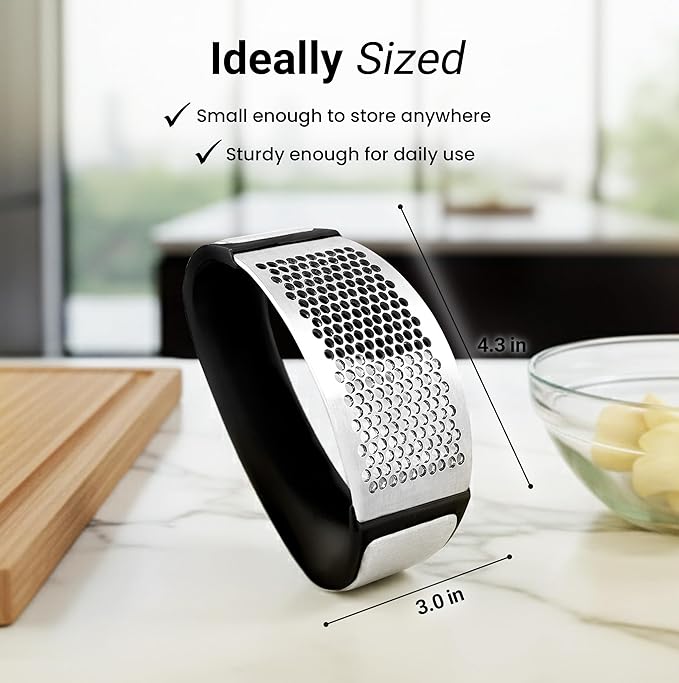 Zulay Kitchen Stainless Steel Garlic Press Rocker Set - Premium Garlic Mincer Garlic Crusher - New Innovative Garlic Crusher with Peeler and Scraper - Comfortable Grip (Black)