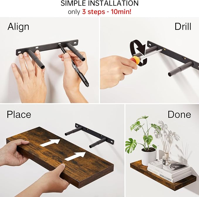 BAYKA Floating Shelves Bathroom for Wall โ Shelf Over Toilet Farmhouse Rustic Wood for Bedroom, Kitchen, or Living Room Decor Organization Display Shelving โ Rustic Brown, Set of 3