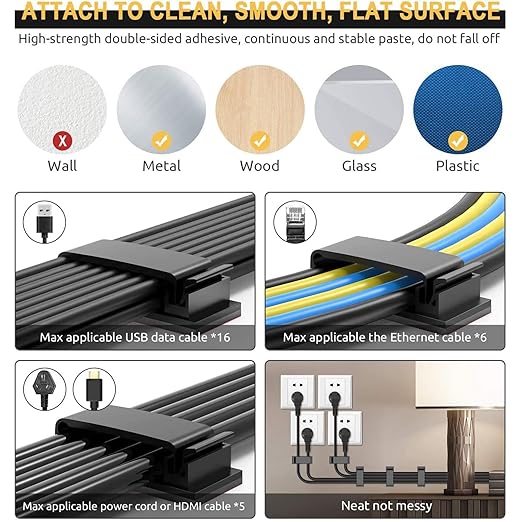 50Pcs Self Adhesive Cable Management Clips, Cable Organizers Wire Clips Cord Holder for PC Laptop Ethernet Cable Desktop Home Office (1.52’’ x 0.59’’ x 0.57’’, Black)