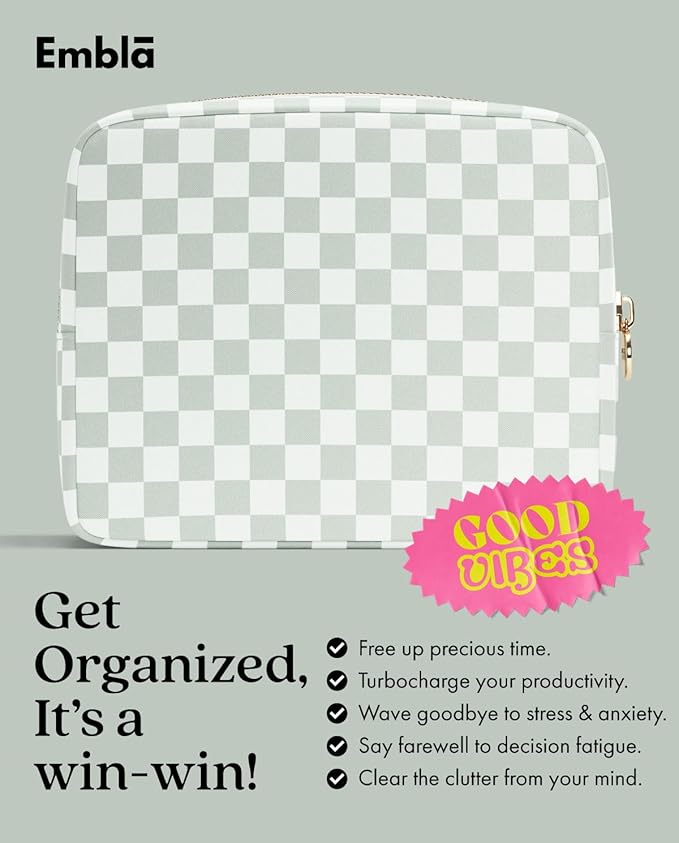 Embla Makeup Bag Travel Cosmetics Pouch and Toiletry Bag, Nylon Zipper Pouch Purse, Cute Make Up Organizer Storage Tote for Women Girls, Travel Skincare Case, Large Makeup Case, Mint Green Checkered