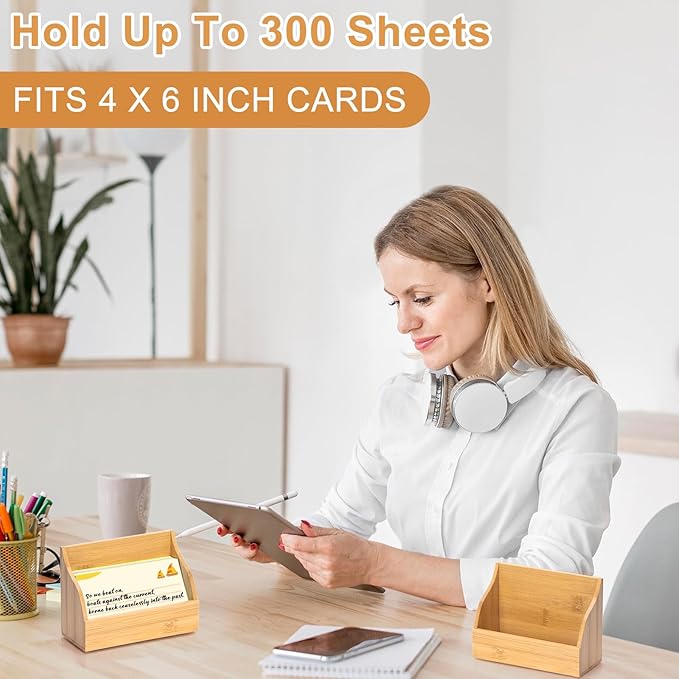 2 PCS 4x6 Inch Wood Index Card Holder Index Card Display Stand Notecard Box Business Cards Organizer Post Cards Case for Business Desk Office Home School Capacity 300 Sheets
