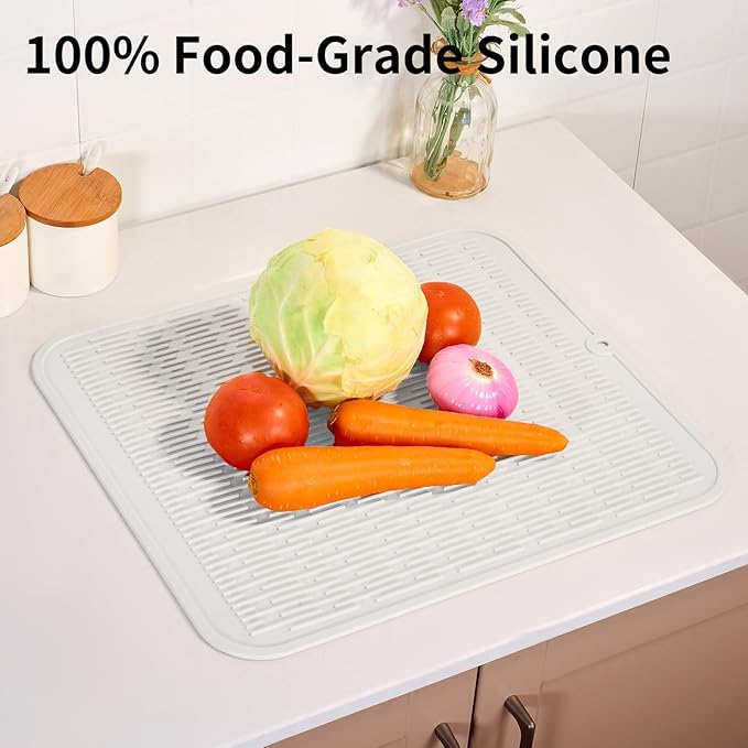 ZLR Silicone Dish Drying Mat for Kitchen Counter, Eco-Friendly Fast Dry Dish Mat, Easy Clean Multi Usage Drying Matt, Heat Resistant Trivet, 16" x 18" XL, Milk White