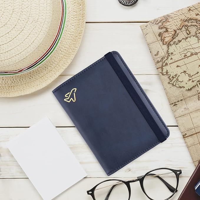 WALNEW Passport Holder for Travel, RFID Passport Cover Wallet for Women Men, PU Leather Passport Book Card Holder Case with Pen, Travelling Essentials for Flying