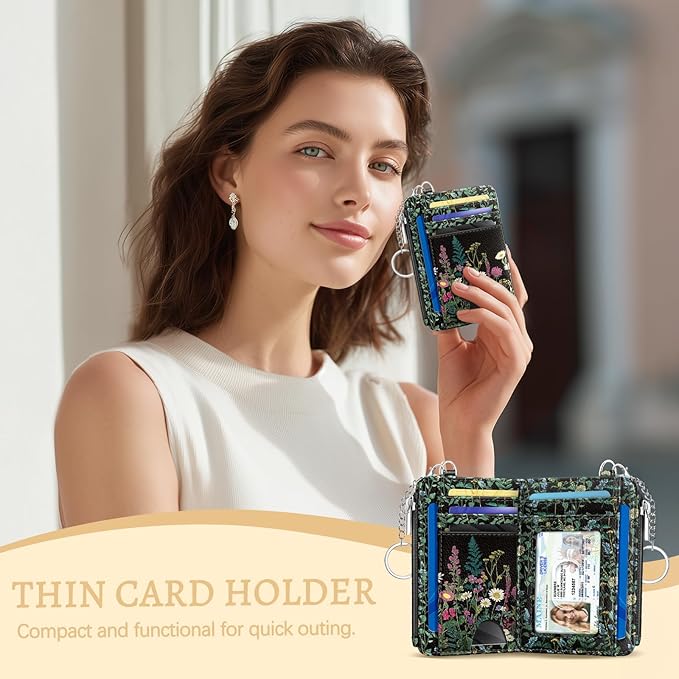 Wildflower Credit Card Holder Small Wallet Women, Flowers Slim RFID Blocking Wallet Woman Keychain with Zipper Coin Pocket, Front Pocket Thin Travel Card Case with ID Window for Ladies Gifts