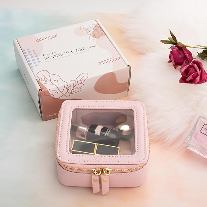 Aveniee Small Clear Makeup Bag, Mini Travel Toiletry Organizer TSA Approved, Waterproof Cosmetic Case with Zipper, Cute Car Essentials Pouch for Women, Pink