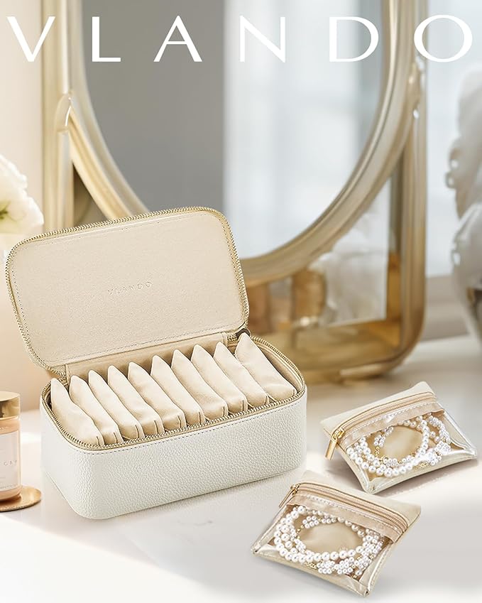 Vlando Jewelry Travel Case,Travel Jewelry Organizer with Clear Velvet Jewelry Bags Zipper Pouch for Women Girl Gift-12Pcs White