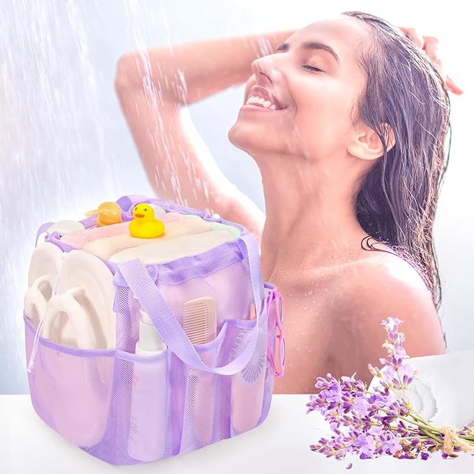 Mesh Shower Caddy Portable with Drawstring, Dorm Room Essentials for College Students Girl & Boy, Larger Shower Bag for Camping, Swimming, Gym, Travel, Bathroom - Purple