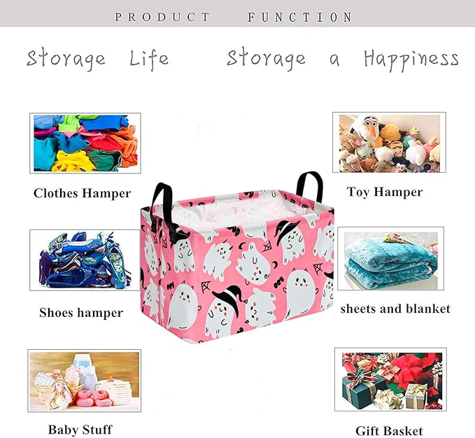 KUNRO Pink Ghost Pattern Storage Basket Gift Shelf Basket Storage Bin, Nursery Basket Organizer Box for With Handles for Room Deco