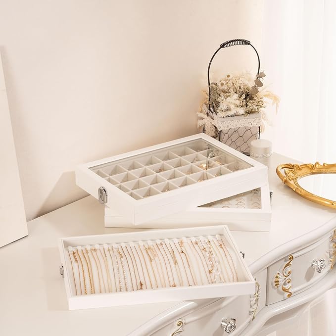 Lolalet Jewelry Organizer Tray with Lid, 18 Hooks Velvet Necklace Organizer Holder Storage Box for Drawer -Beige