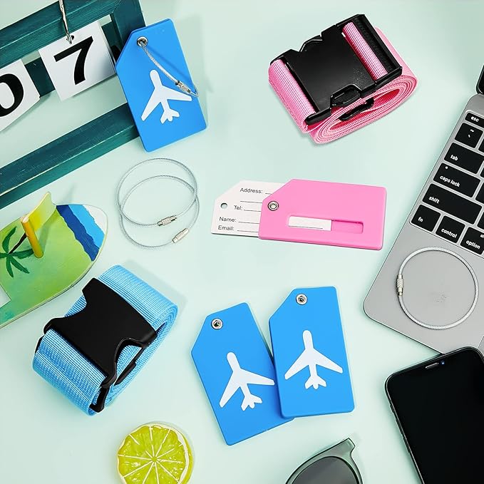 Weewooday 8 Pcs Luggage Straps Suitcase Tags Set for TSA Approved, 4 Travel Adjustable Suitcase Belt, 4 Silicone Luggage Tags with Name ID Card Travel Accessories(Pink, Light Blue,Airplane)