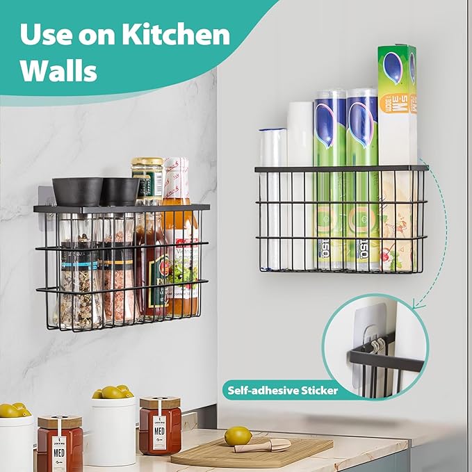 2 Pack Cabinet Door Organizer,Self Adhesive Lid Organizers Inside Cabinet Storage Boxes,Hanging Storage Basket Organizer Wall Mounted Pantry Caddy Cup Holder for Kitchen,Fridge,Bathroom (Black)