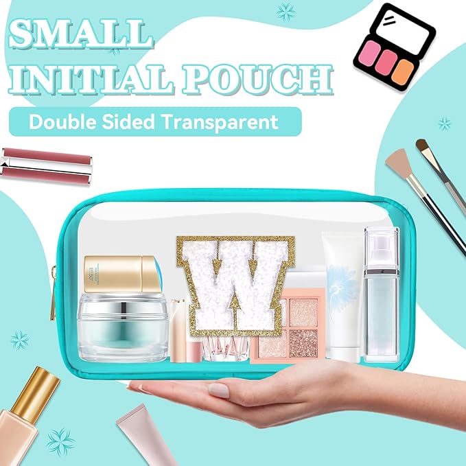 Small Clear Personalized Initial Makeup Bag, Preppy A-Z Chenille Letter Patch Cosmetic Bag, Cute Transparent Nylon Waterproof Zipper Beach Varsity Letter Pouch, Gift for Women Girls(Cyan-White W)