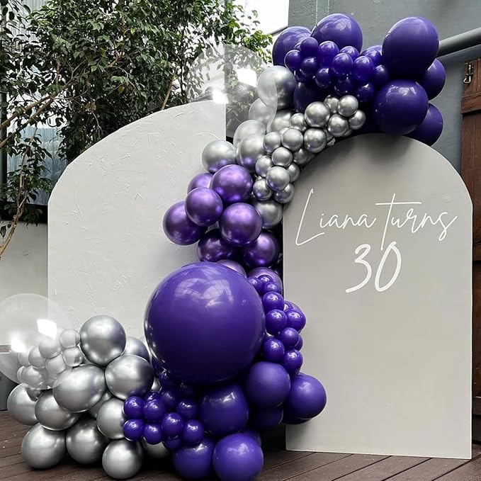 Metallic Purple Silver Balloon Garland Arch Kit,Chrome Purple and Silver Metallic Balloons with 18/12/5 Inch Different Sizes for Graduation Baby Shower Birthday Party Decorations