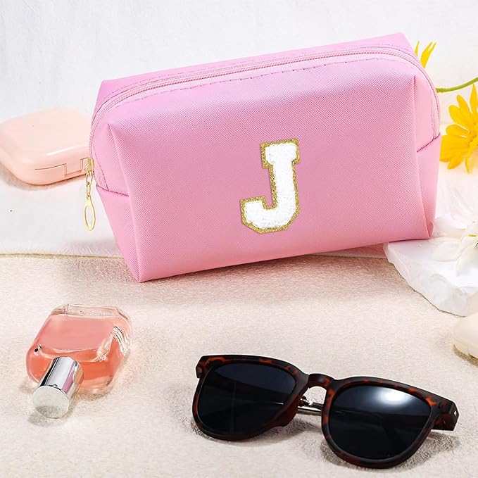 Gifts for Teacher Initial Makeup Bag Personalized Cosmetic Bag Cute Travel Toiletry Bag Small Chenille Letter PU Makeup Pouch Organizer Preppy Birthday Gift for Daughter Teen Girls (Pink J)