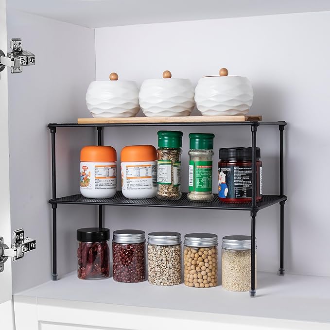 2-Pack Kitchen Cupboard Shelf Organizer for Cabinet, Expandable & Stackable Counter Cupboard Organiser, Storage Rack for Bathroom, Kitchen, Laundry Room