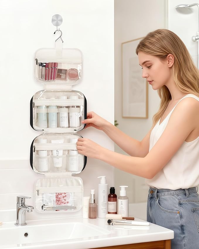 Narwey Hanging Toiletry Bag for Women Travel Makeup Bag Organizer Toiletries Bag for Travel Size Essentials Accessories Cosmetics (Black (Medium))