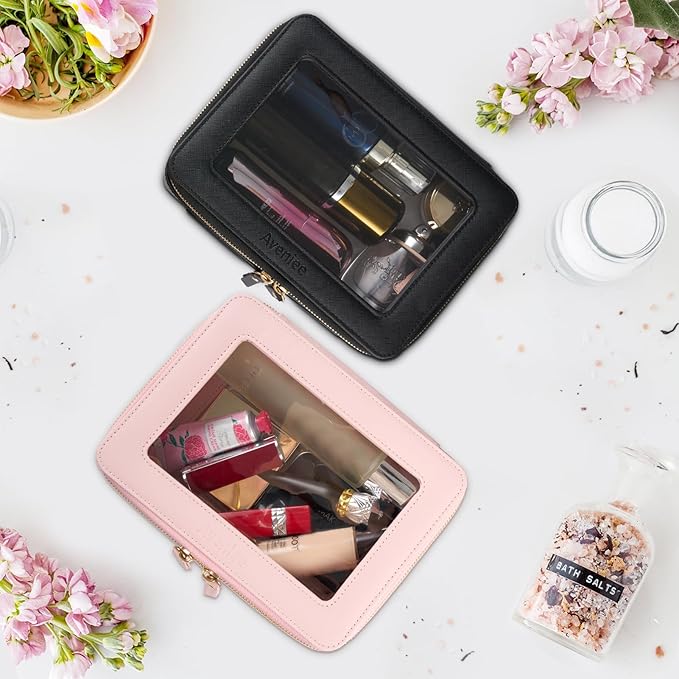 Aveniee Clear Makeup Bag Set,Portable Travel Toiletry Bag Cosmetic Case for Women,Vegan Leather Make Up Pouch Organizer Car Bag for Essentials 2pcs,Middle & Large,Black