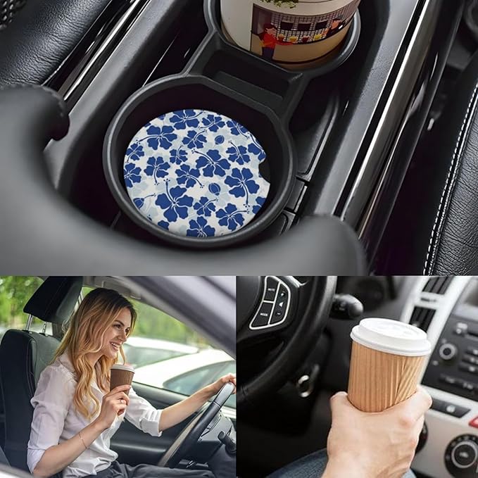 Car Cup Holder Coasters, 2 Pcs Ceramic Coasters with Cork Back and Finger Slot, Anti-Slip Shock Absorbing Women and Men Universal Car Accessories - Flower Hibiscus