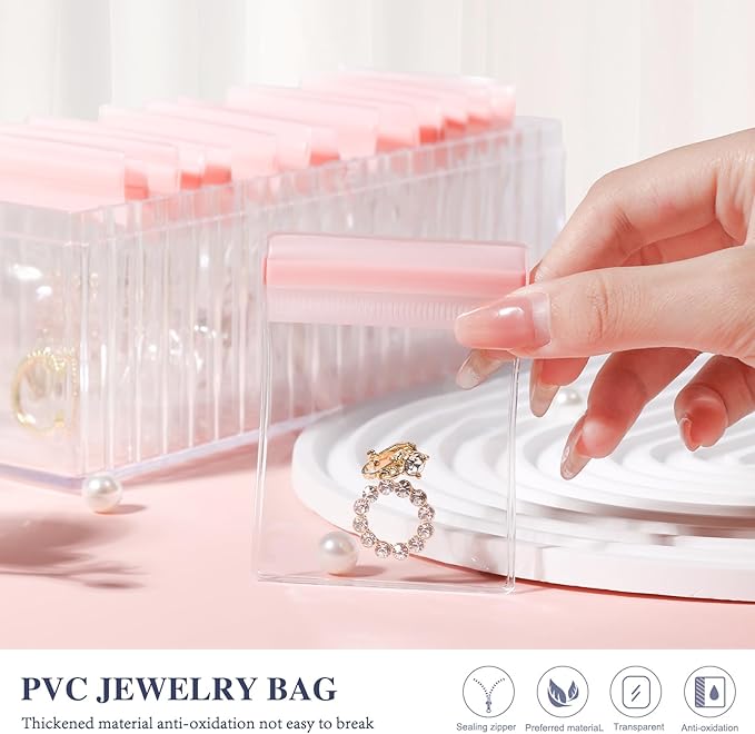 Acrylic Jewelry Box Organizer, Clear Jewelry Organizer Holder with 20 Portable Anti Tarnish Jewelry bags, Travel Jewelry Case for Earrings/Rings/Necklaces for Women Girls, Pink