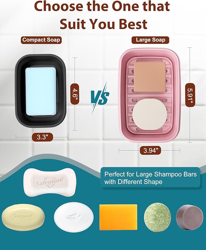 Quatish Leakproof Large Soap Dish with Lid & Draining Layer, Shatterproof Travel Bar Soap Holder Case Container, Portable Travel Size Toiletries Essentials for Camping, Gym, Bathroom, Pink