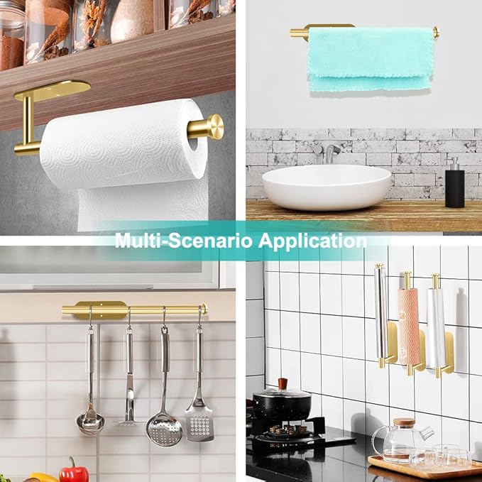MGahyi 13.2 Inch Wall Mount Paper Towel Holder, Self Adhesive & Drilling Dual Use Under Cabinet Towel Rack, L-Type Rust Resistant Metal Roll Hanger for Kitchen, Bathroom, Pantry(Gold, Rectangle)