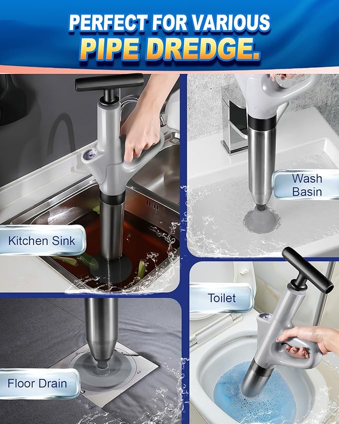 High Pressure Toilet Plunger, Heavy Duty Toilet Auger Air Drains Blaster, Powerful Air Plunger Sink Plungers with Visual Barometer, Drain Clog Remover for Bathroom Floor Drain Clogged Kitchen Pipe