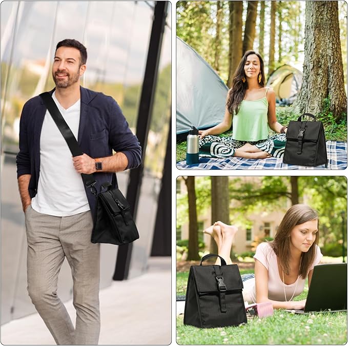 Insulated Foldable Lunch Bag - Lightweight Portable with Adjustable Shoulder Strap Lunch Box for Men, Women, Office, Work, Picnic, Hiking and Beach (Black (Soft Fabric))
