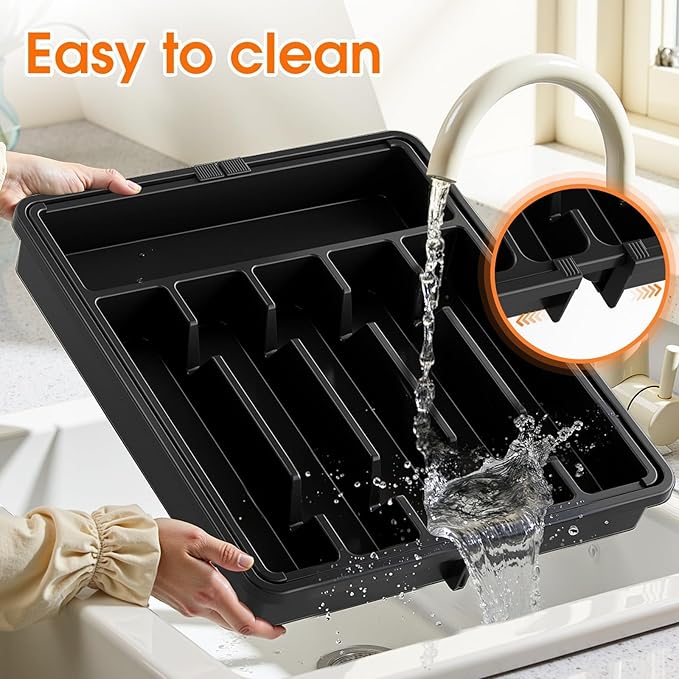 SpaceHacks Silverware Organizer,Adjustable & Expandable Utensil Drawer Organizer, BPA Free Utensil Holder, Cutlery Tray for Forks, Spoons, Knives in Kitchen, Large, Black