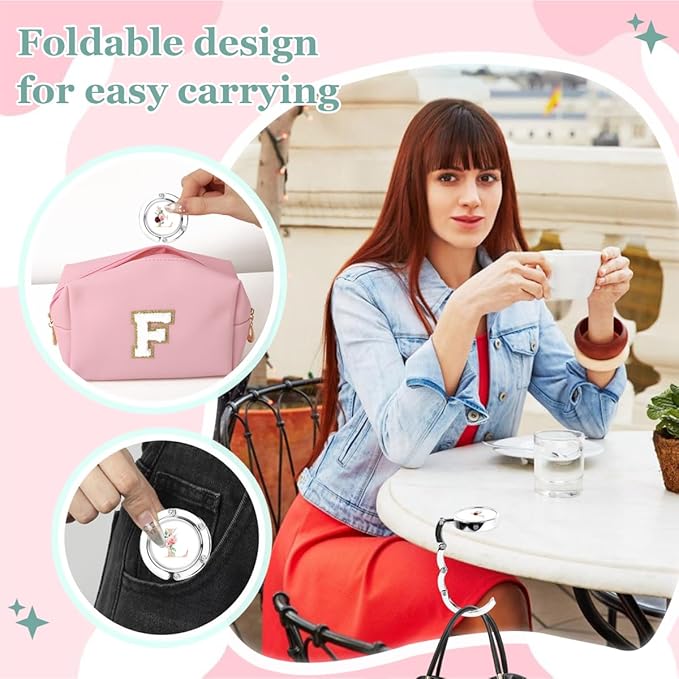 XSUIOY 3Pcs Personalized Initial Foldable Purse Hook for Table,Crushed Flower Letters Folding Purse Hanger,Purse Holder Handbag Hanger Collection Desk Table Bag Hooks Gifts for Women Bag(Pink-O)