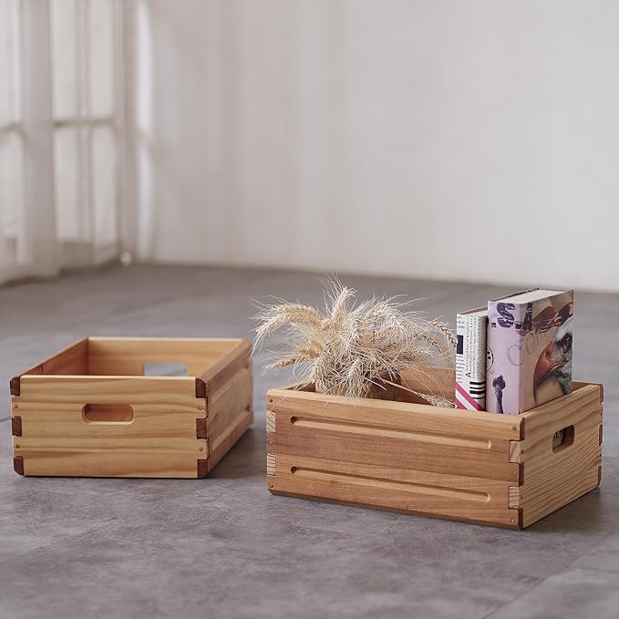 KLZLQ-XINCHEN 2 Pack Wooden Storage Bins of 16"x12"x6.25".Durable Open Solid Wood Box w/ Handles.Farmhouse Container Shelf Baskets. Multipurpose Home Décor Organizer Crates for Display,Pantry,Book,CD