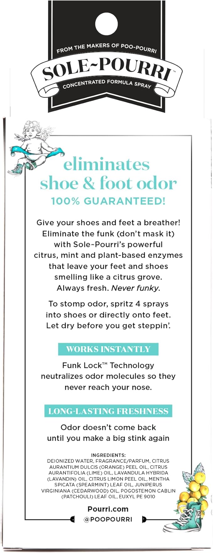 Sole-Pourri Shoe Deodorizer + Foot Spray, 3.4 Fl Oz, Up to 150 Uses, Funk-Fighting Odor Freshener with Essential Oils, for Smelly Shoes, Feet & Gym Bags, Citrus & Mint Scent