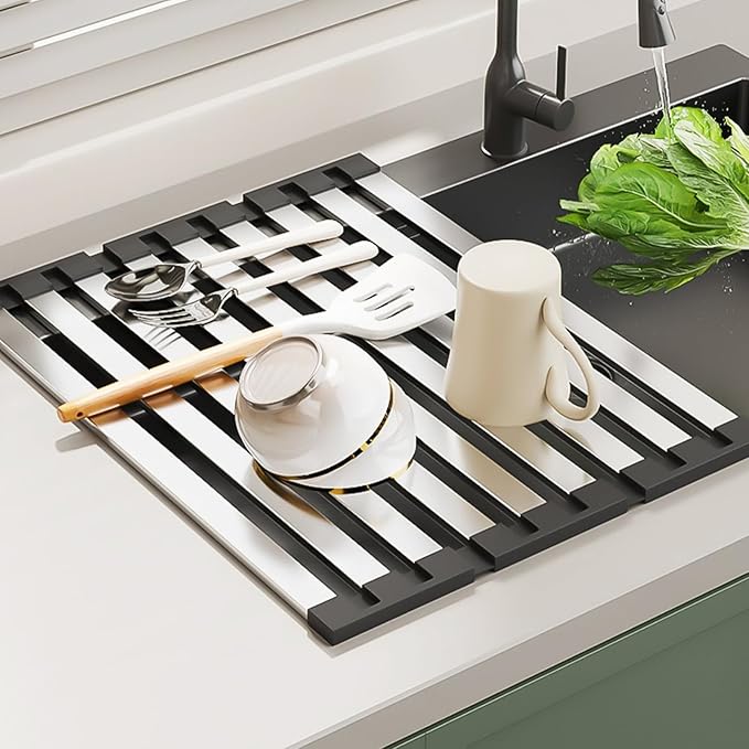 17.7"*12.8" Foldable Dish Drying Rack Thickened & Widened Over Sink Dish Drying Rack High-Temperature Resistant Removable Sink Storage Rack 304 Stainless Steel Drainer for Kitchen and Rv sink