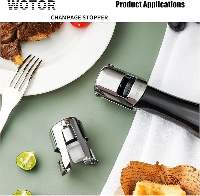 WOTOR Stainless Steel Champagne Stoppers - Champagne Bottle Stoppers with Silicone Seal, Reusable Cork & Saver, Suitable for Prosecco & Sparkling Wine, Silver, 3 Pack