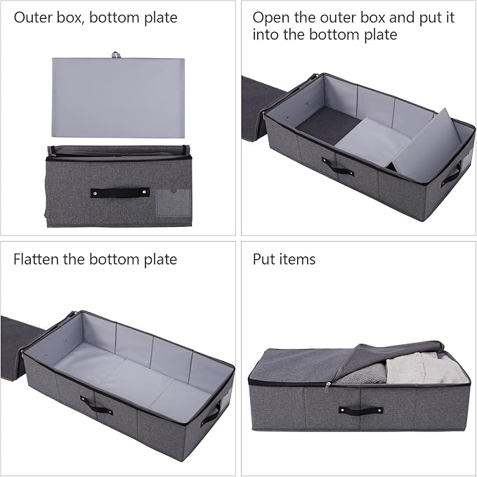 Omygarden 2PCS Foldable Under Bed Storage Box with Plastic Support Liner, Handles, Zipper lid, Blankets Clothes Comforters Storage Bin Organizer for Bedroom and Closet, 29×15×7inch, Black Grey