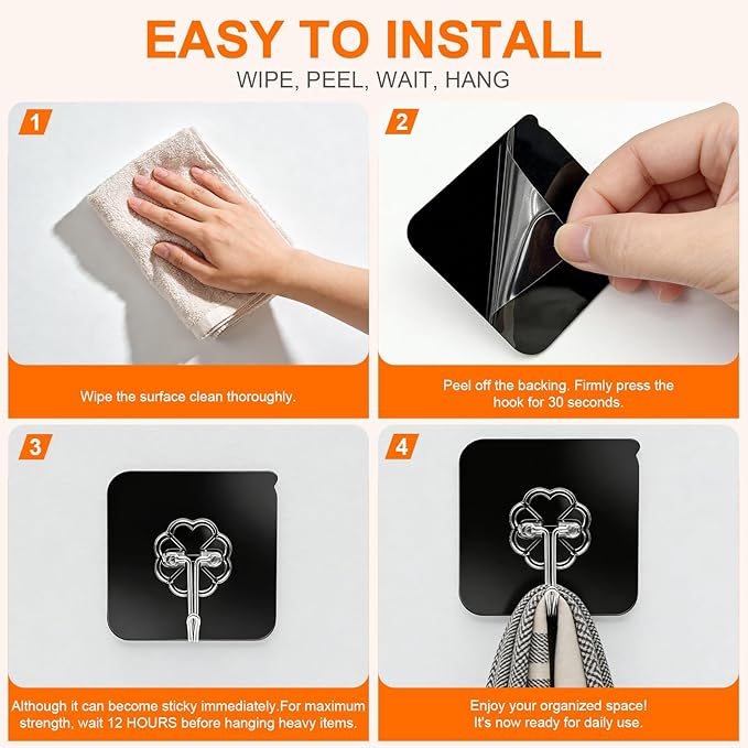 DDMY Heavy Duty Hooks Self Adhesive Hooks New Black Sticky for Hanging 100 Pack Waterproof Wall and Ceiling Hooks with Reusable Adhesive for Shower, Kitchen, Picture Hanging, Decorations, RV, No Damage
