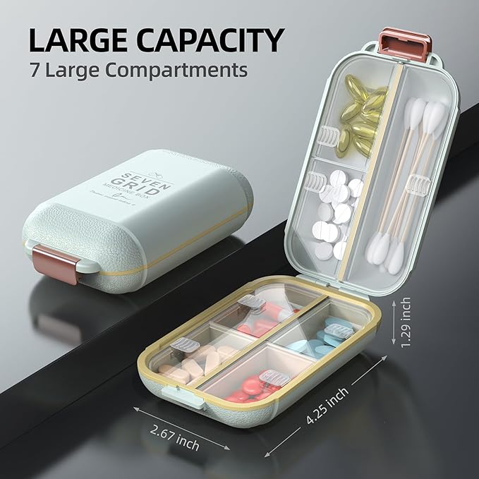 Portable Pill Organizer, Pill Box with 7 Compartments, Small Pill Case for Travel, Daily Medicine Pill Organizer with Air-Tight Lid, BPA-Free Material Pill Container (Green)