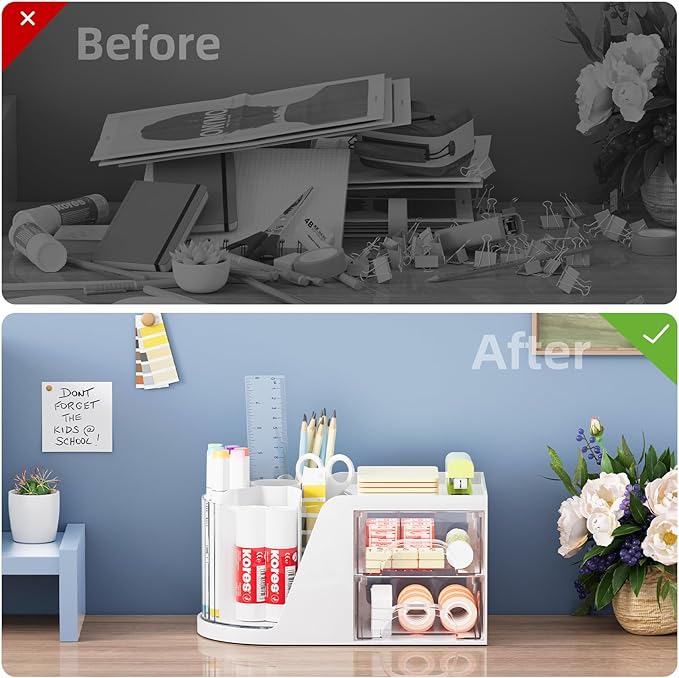 Marbrasse Desk Organizer with 2 Drawers, 360° Rotating Pen Holder, Desk Organizers and Accessories with 6 Slots Pencil Organizer + 2 Drawers, Art Supply Storage Box Caddy for Office (White)