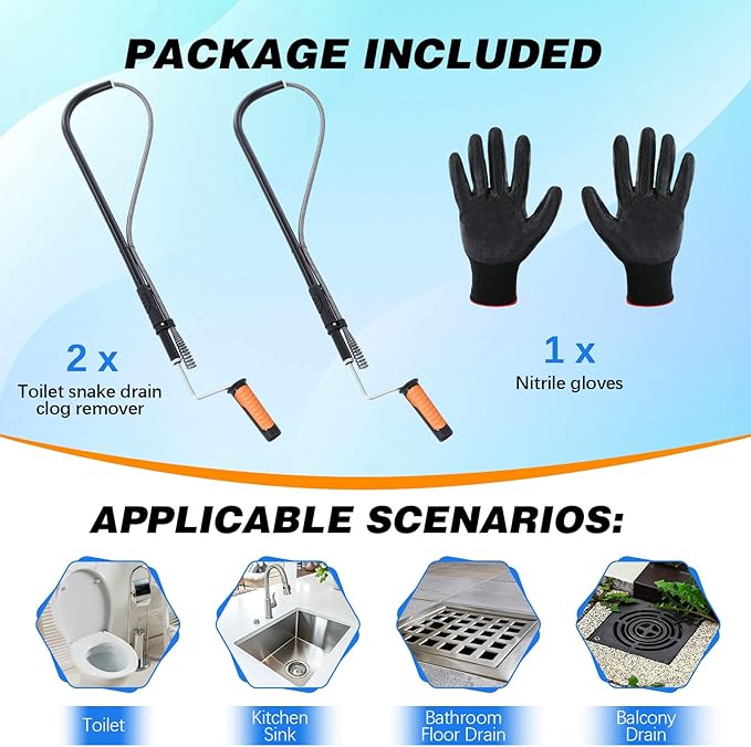 Dreyoo 2 Set 3FT Toilet Auger Heavy Duty Manual Toilet Snake Drain Clog Remover, Rust Proof Pipe Drain Snake with Scratch Free Sleeve for Unclogging Bathroom, Sinks, Kitchen, Sewers, with Gloves