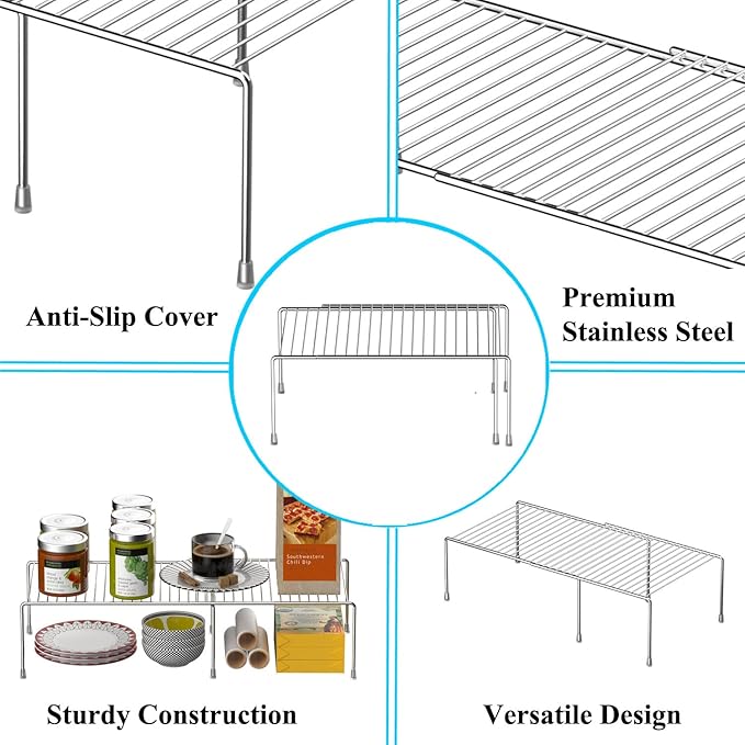 Kitchen Cabinet Expandable Shelf Organizers, Adjustable Metal Wire Pantry Storage Shelves, Plate Dish Organizer Rack for Cabinets, Cupboard, Counter, Freezer, Countertop, Chrome
