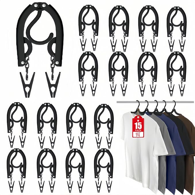 15 Pcs Travel Hangers with 30 Clips Portable Foldable Travel Hanger Organizer, Plastic Cruise Ship Essentials Clothes Hanging Rack Folding Hangers for Traveling Camping Flying RV Europe Suitcase Black