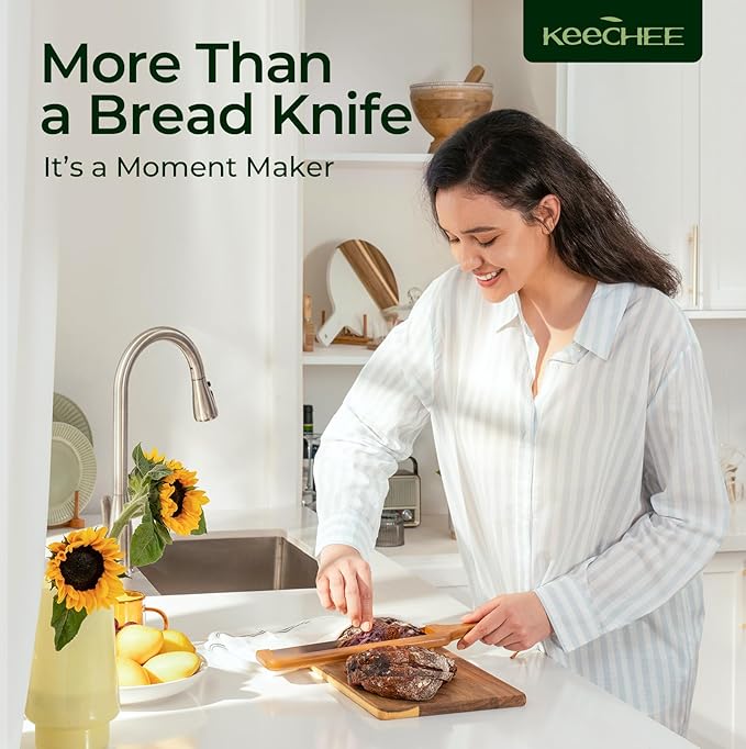 keechee Sourdough Bread Knife โ Extra Large Bread Slicer for Homemade Bread with Thickness Guide & Stainless Steel Blade, Even Slice Cutter for Baguettes, Bagels, Gift for Bread Lovers (Standard)