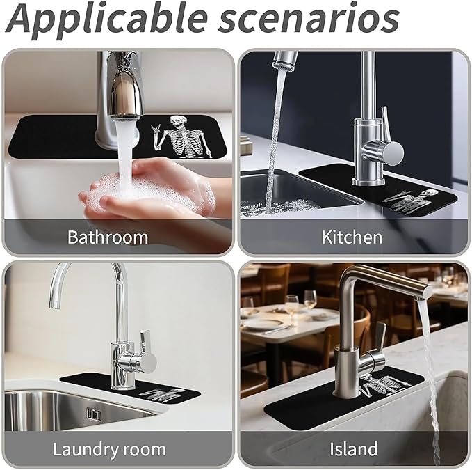 Kitchen Sink Splash Guard, Black Funny Skull Faucet Mat Sink Gadgets - Super Absorbent Fast Drying Mat Drip Catcher for Kitchen, Bathroom, Sink Mat, Dish Drying Mat, Bathroom (15" x 5.5")