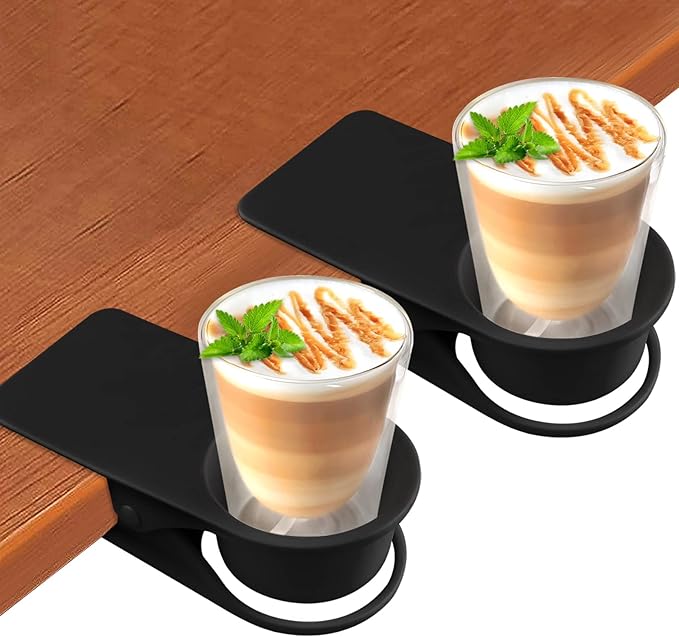 2PCS Drinking Cup Holder Clip, Kalolary Desk Bottle Cup Stand DIY Glass Clamp Storage Saucer Clip Water Coffee Mug Holder Saucer Clip Design for Home & Office, Black