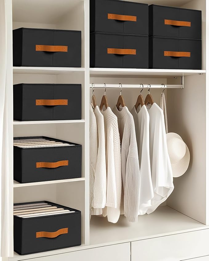 Closet Organizers and Storage - Fabric Clothes Organizer with Handles, Foldable Jeans Organizer for Clothes, Drawer Organizer for Shirts, Bra, Sweater, Scarf, 4 Pack, Black
