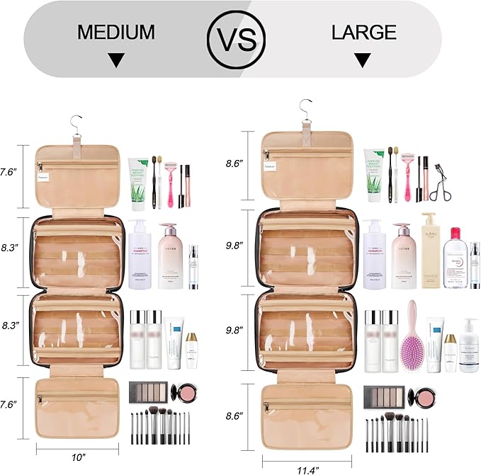 Travel Hanging Toiletry Bag for Women and Men, with 8 Leak Proofing Silicone Bottle Covers, Waterproof Makeup Accessories, Cosmetic Essentials, Cruise Ship Toiletry Bag with Jewelry Organizer, Black